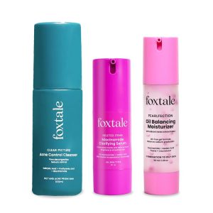 Foxtale Clear Skin Trio | Acne Cleanser + 12% Niacinamide Serum + Oil Balancing Moisturizer | Reduces Acne, Blemishes & Oil in 14 Days | With 2% Salicylic Acid, Azelaic Acid & Cica | Unisex