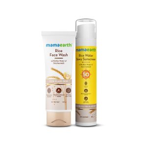Mamaearth Radiant Rice Glow Combo | Rice Face Wash 100ml & Rice Water Dewy Sunscreen 50g | Gently Cleanses, Gives Glass Skin Glow, Evens Tone | For All Skin Types | SPF 50 PA++++ Protection | 2 Count