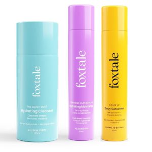 FoxTale Dewy Skin Care Kit Trio, Cleanser Face Wash 100ml + Ceramide Moisturizer 50ml+ Dewy Finish Sunscreen 50ml, SPF 50| Suitable for men & women