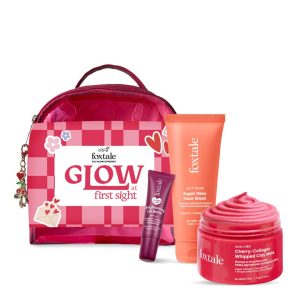 Foxtale Glow At First Sight Gift Set | Super Glow Face Wash, Cherry-Collagen Clay Mask, Brightening Lip Balm (Mauve), Heart Charm & Hot Pink Pouch | Self-Care Kit for Firm & Glowing Skin