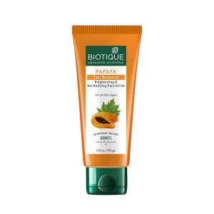 Biotique Papaya Tan Removal Brightening & Revitalizing Face Scrub | Gentle Exfoliation | Smooth and Clear Complexation | 100% Botanical Extracts| Suitable for All Skin Types | 100g