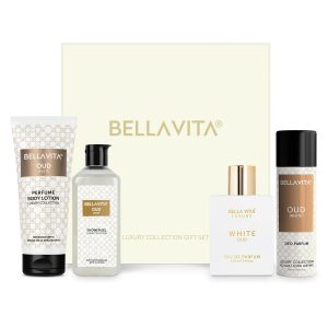 Bella Vita Luxury OUD WHITE Gift Set with Shower Gel 250 Ml for Deep Cleansing, EDP Perfume 100 Ml, No Gas Deo Body Parfum 150 Ml & Perfume Body Lotion 200 Ml
