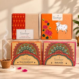 Nirmalaya Premium Organic Havan Cups Variety Pack 60 pcs | Desi Cow Dung, Rooh Gulab, Sambrani, Kesar Sandalwood Dhoop Cups for Pooja | Includes Diyas Stands | Havan Samagri Offering