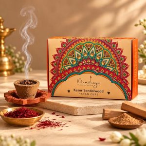 Nirmalaya Premium Organic Kesar Sandalwood Havan Cups | Pack of 15 with Diya | Natural Havan Samagri Blend of Flower Powder, Loban & Jatamansi | Ideal for Pooja, Meditation, Yoga and Aromatherapy