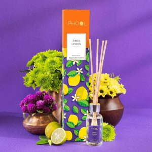 Phool Zingy Lemon Reed Diffuser Set 30 ml ? Fresh Citrus Home Fragrance | Long-Lasting Aroma Oil with 4 Reed Sticks | Natural & Toxin-Free Room Freshener for Home & Office.