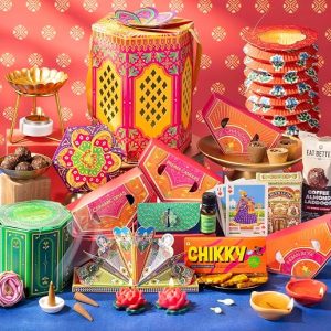 Phool 13 item Diwali Lantern Gift Box with Ceramic Diya, Chocolate Ladoo, Chikky, T-Light Lantern, Candles, Incense, Hawan Cups, Oil Burner & Oil | Diwali Gift for Family & Corporate